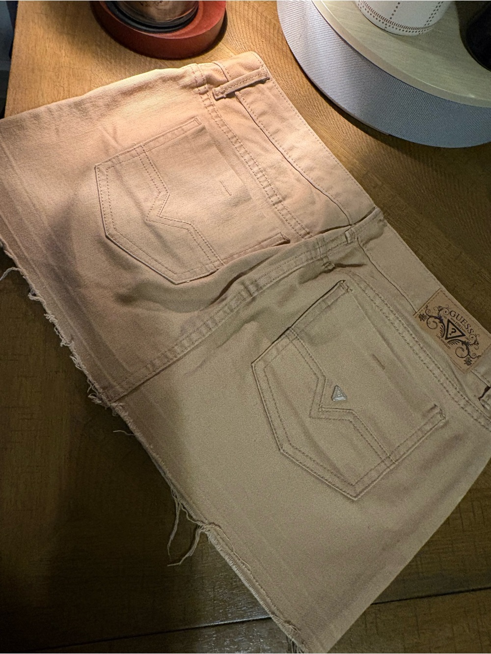 Guess blush pink denim mini skirt with logo plaque